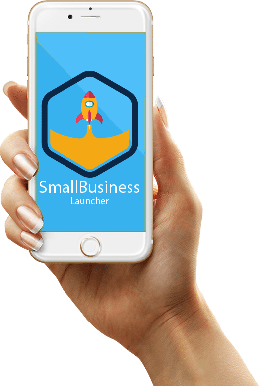 A person holding up a phone displaying the small business launcher logo from the comfort of their home.